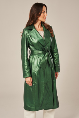 Stylový dlouhý dámský kožený kabát zelený