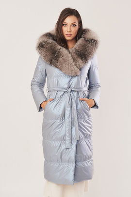 Dámský dlouhý péřový kabát s kapucí v odstínu perleťově modré