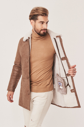 Pánský zimní béžový kabát - Kožich